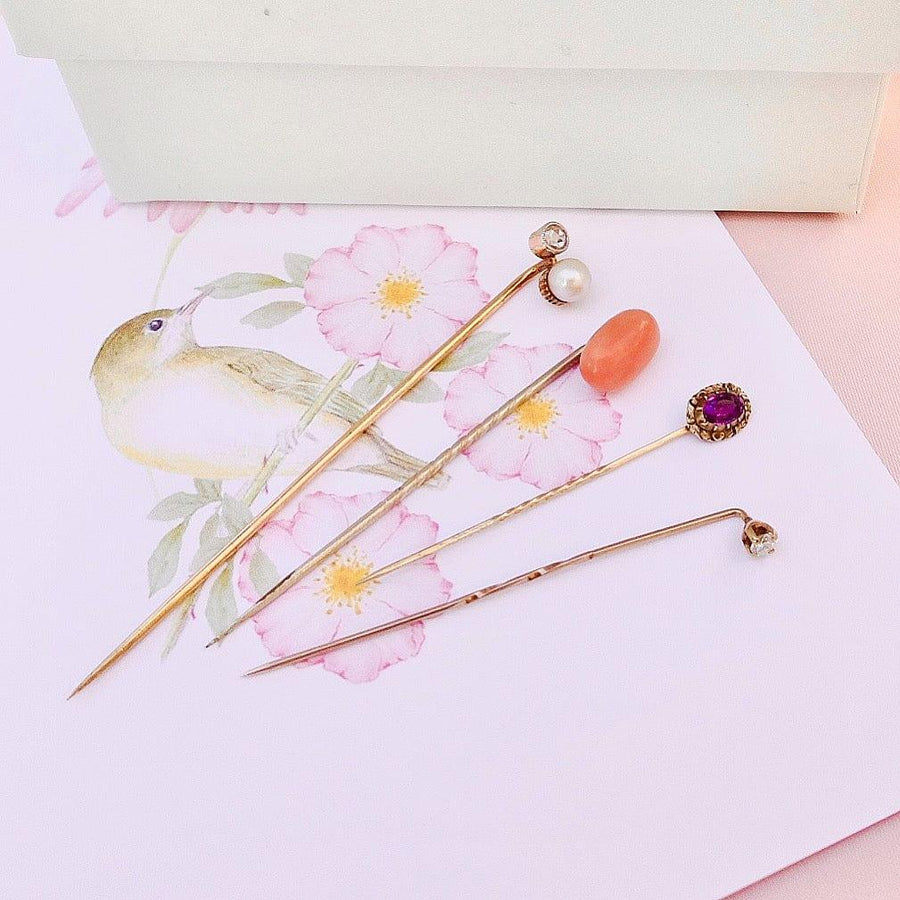 Antique Victorian Rose Cut Diamond Pearl Cravat Tie Stick Pin Brooch