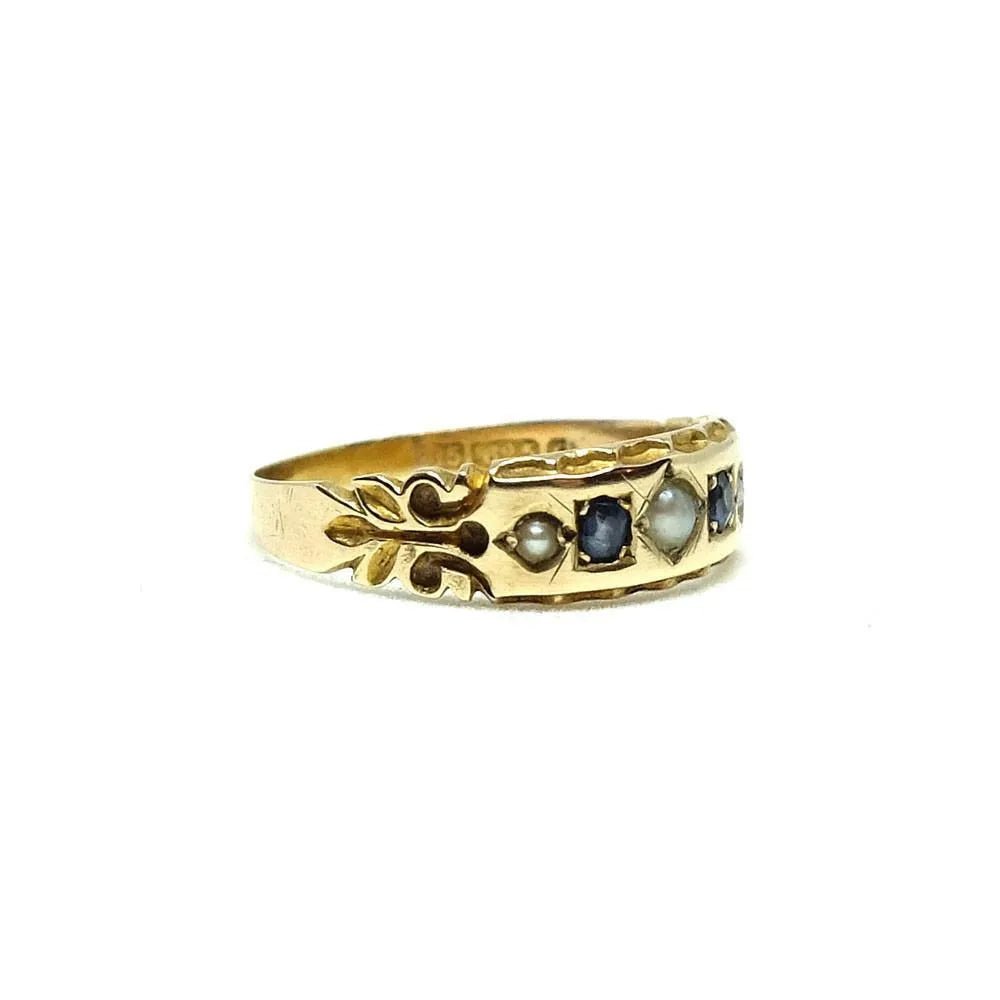 Anillo victoriano antiguo de oro de 15 quilates con zafiro y perla, view 5
