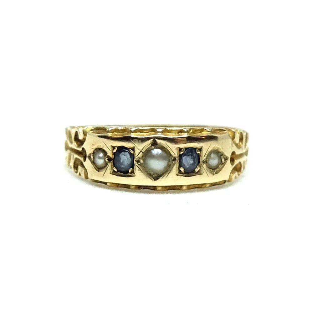 Anillo victoriano antiguo de oro de 15 quilates con zafiro y perla, view 7
