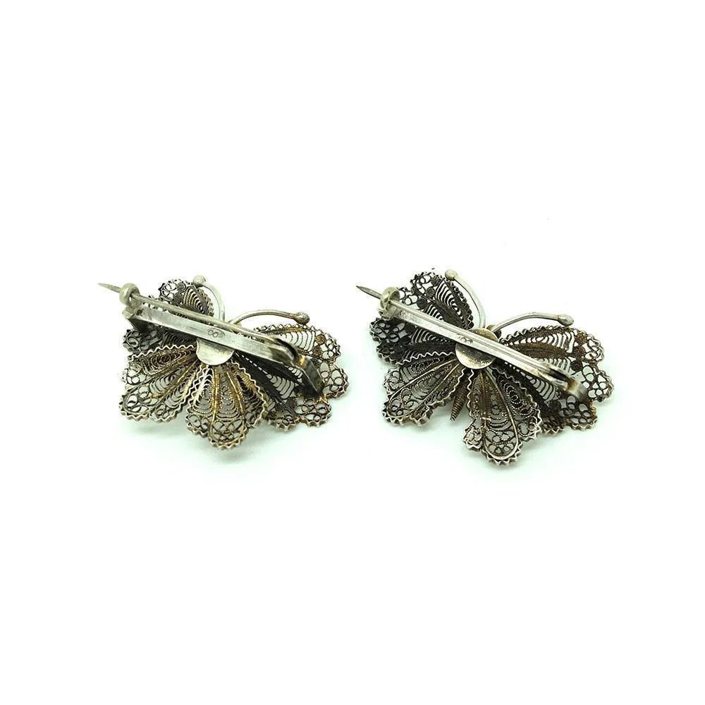 Broches de mariposa de filigrana de plata victoriana antigua, view 3