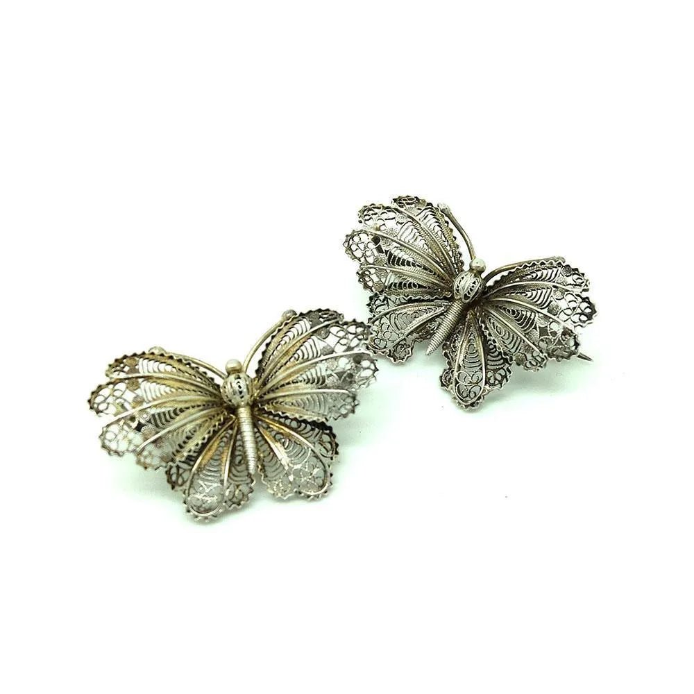 Broches de mariposa de filigrana de plata victoriana antigua