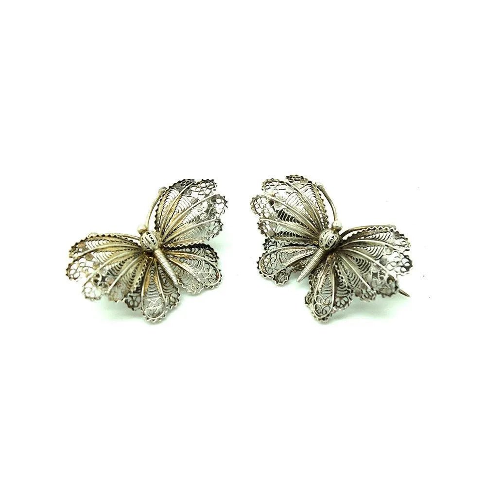 Broches de mariposa de filigrana de plata victoriana antigua, view 9