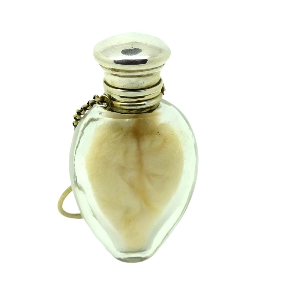 Frasco de perfume de chatelaine victoriano antiguo de plata y cristal