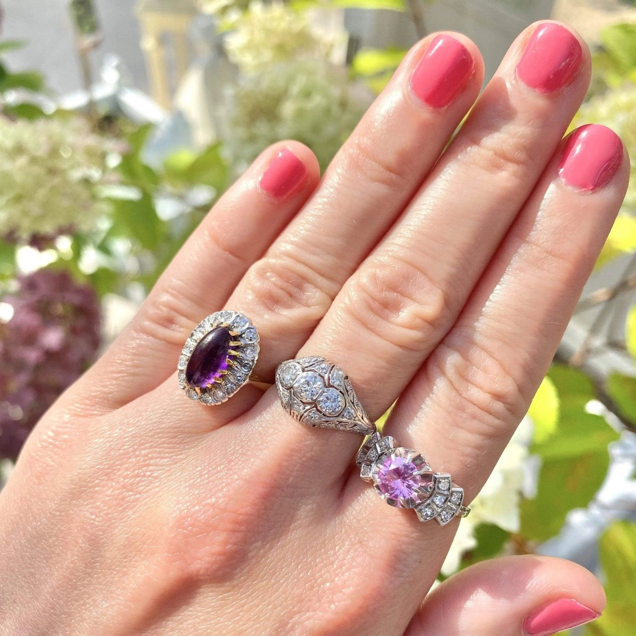 Art Deco 1920s Pink Sapphire Platinum Diamond Ring, view 2