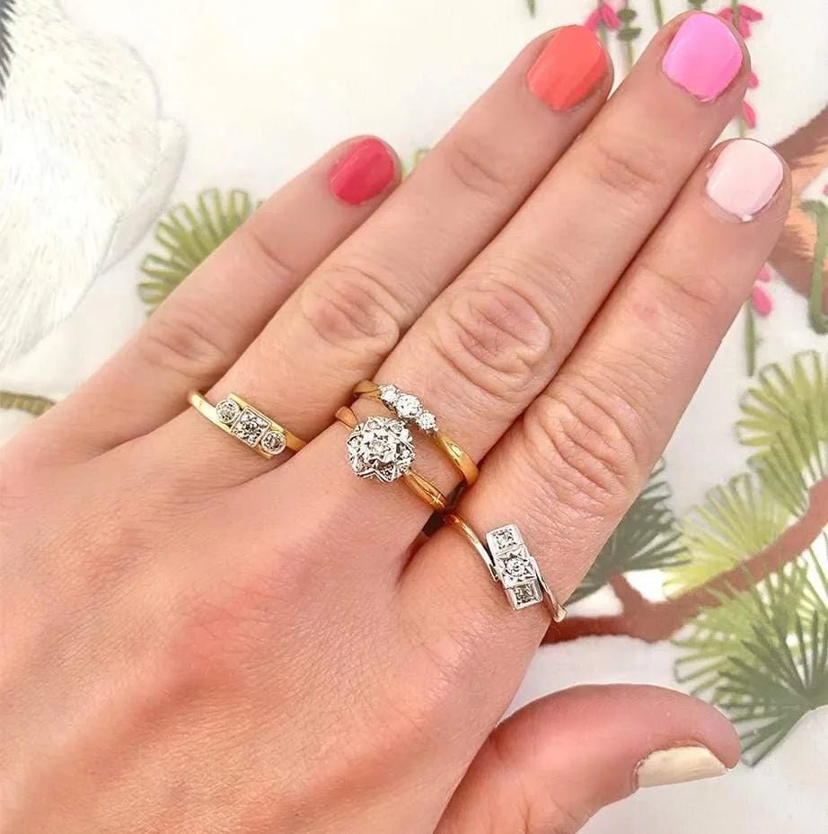 Art Deco Three-Stone Diamond 9K Gold and Platinum Ring, view 6