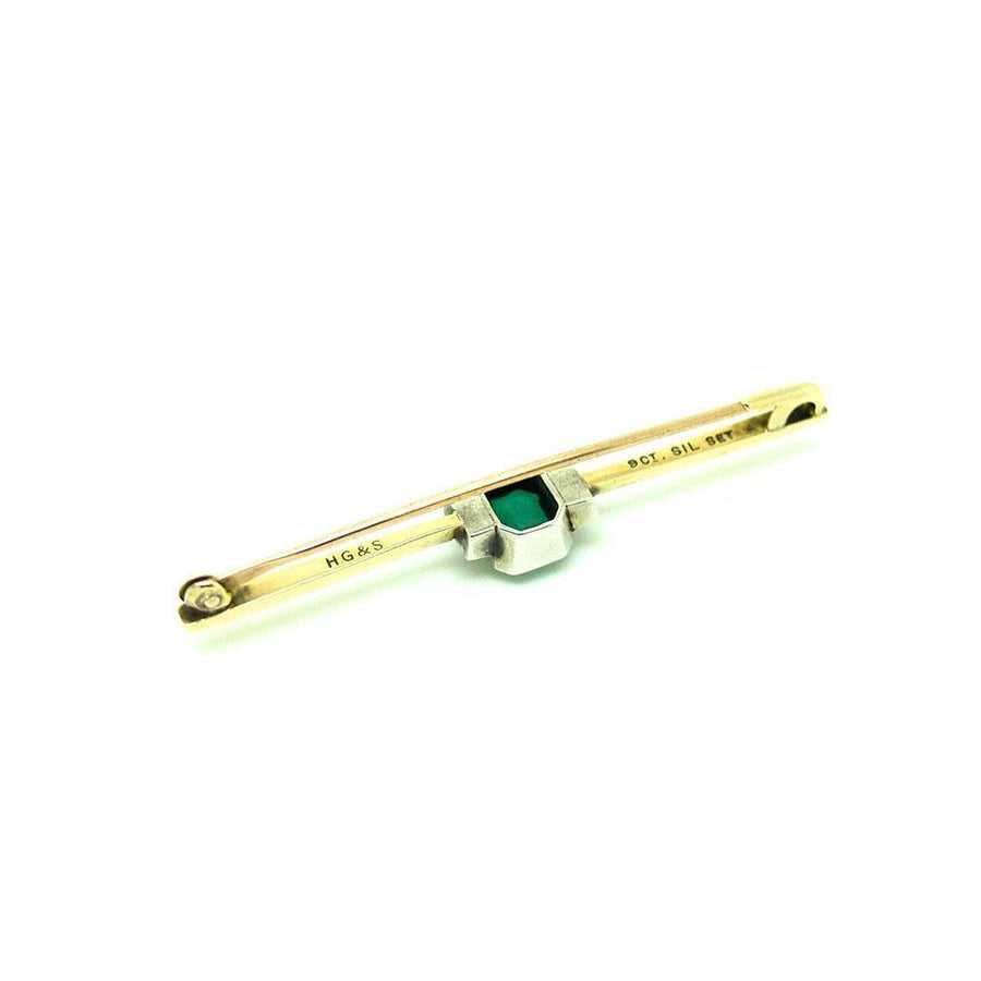 Vintage 1920s Art Deco Emerald Glass 9ct Gold Bar Brooch