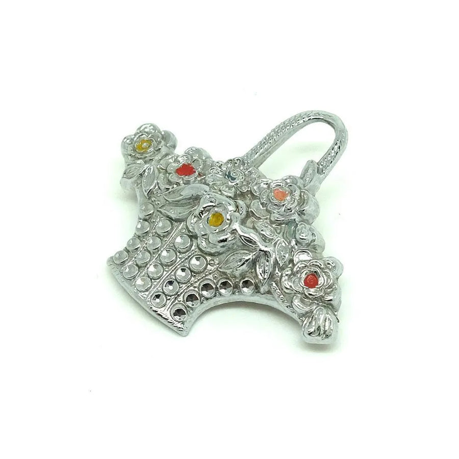 Vintage 1930's Basket of Flowers Faux Marcasite Brooch - Mayveda Jewelry
