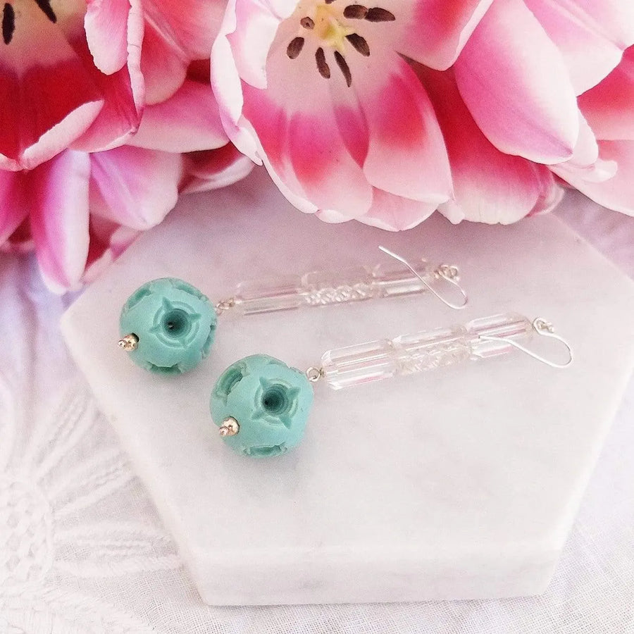 Vintage 1920s Art Deco Drop Glass & Celluloid Earrings - Mayveda Jewelry