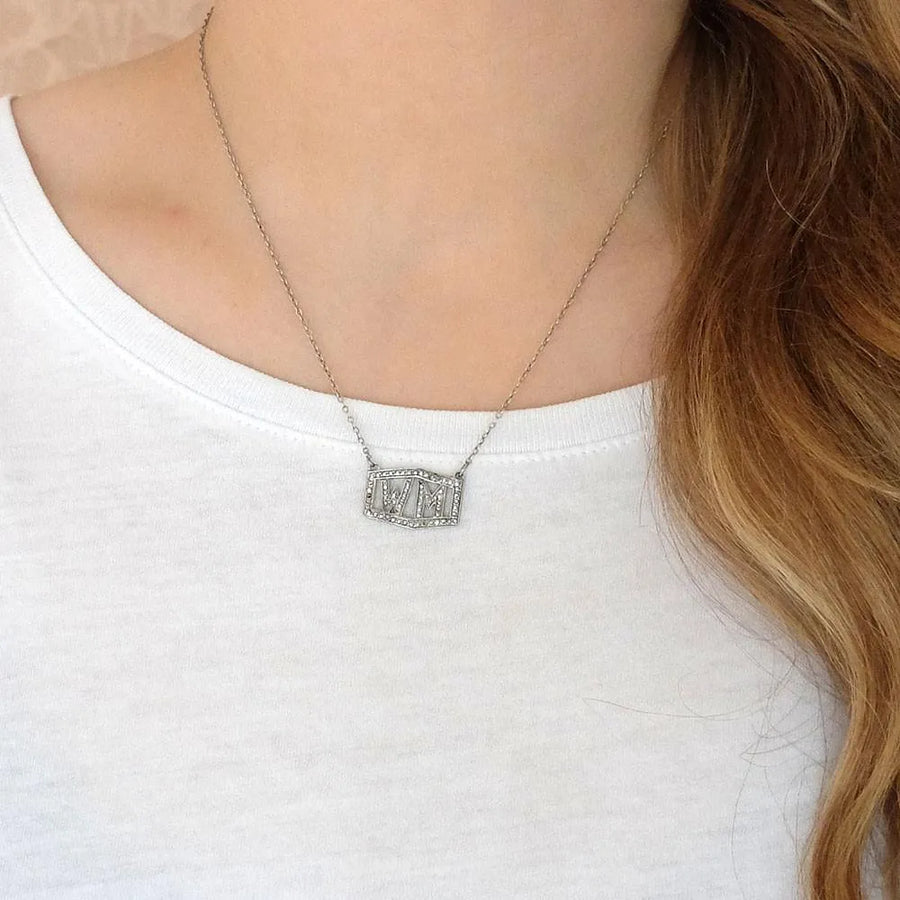 Art Deco 1930's Marcasite Sterling Silver 'WM' Initial Necklace - Mayveda Jewelry