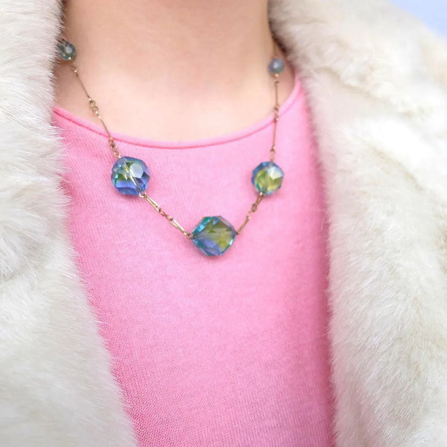 Vintage 1930's Rolled Gold Blue Green Necklace (Necklace Set) - Mayveda Jewelry