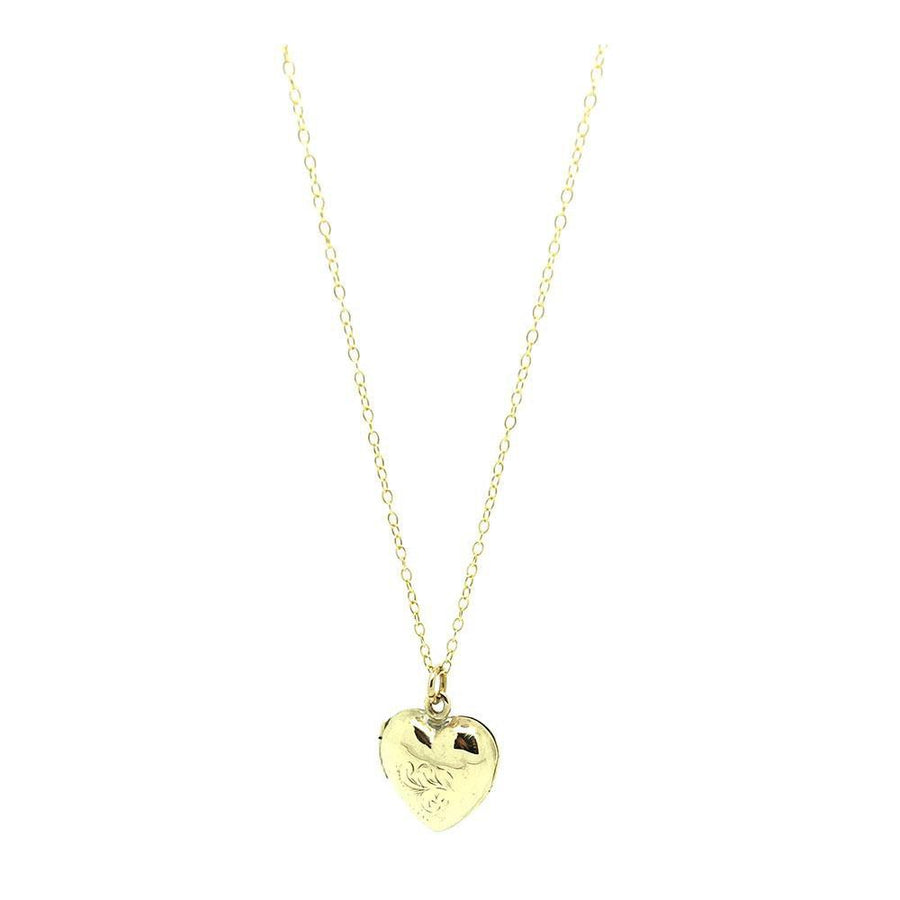 Vintage 1930s Engraved 9ct Gold Tiny Heart Locket Necklace