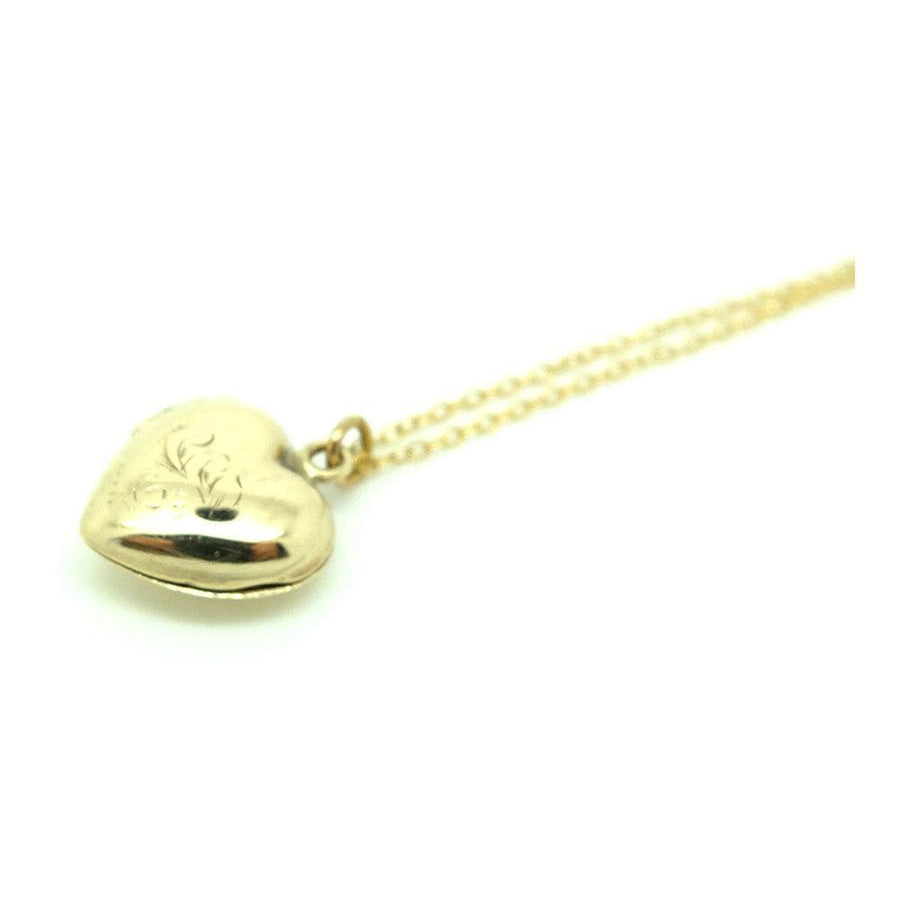 Vintage 1930s Engraved 9ct Gold Tiny Heart Locket Necklace