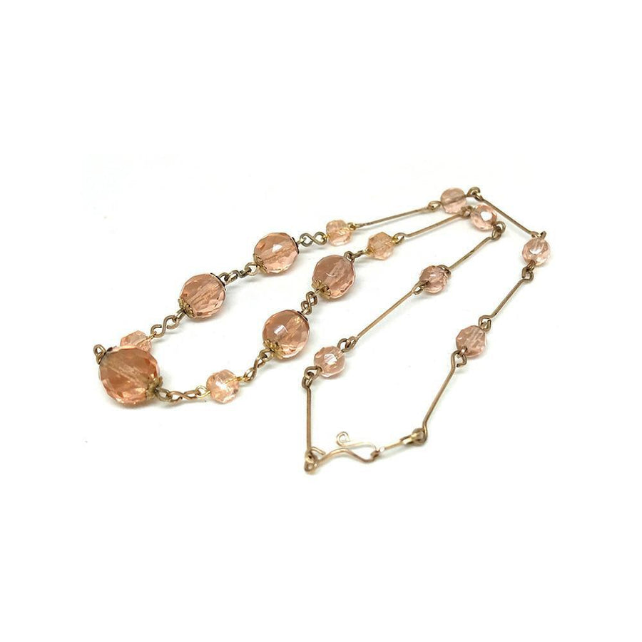 Vintage Art Deco 1930's Peach Pink Glass Rolled Gold Necklace