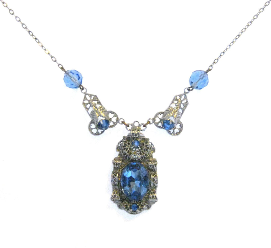 Vintage Art Deco Blue Glass Filigree Necklace