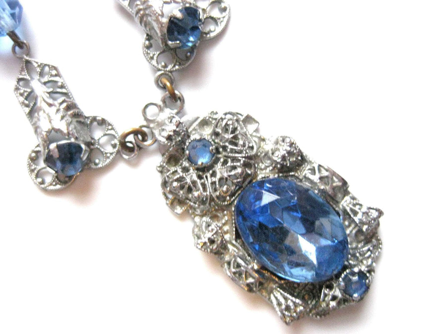 Vintage Art Deco Blue Glass Filigree Necklace