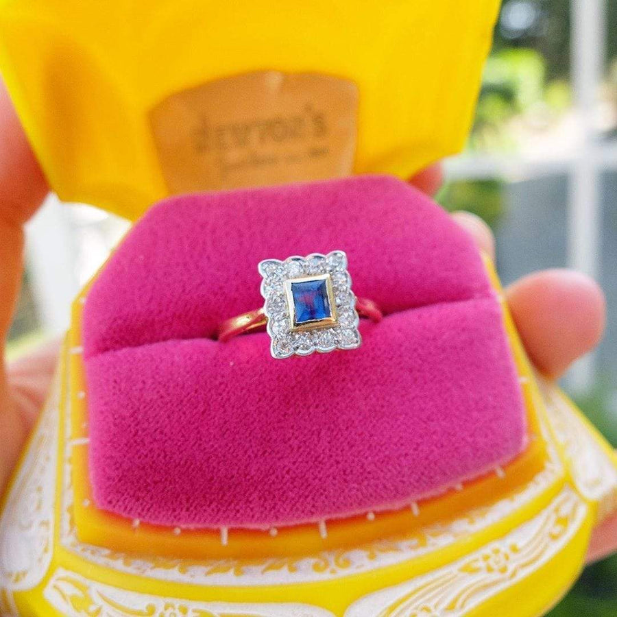 Reserved - Art Deco 1920s Blue Sapphire Diamond Platinum 18ct Gold Ring