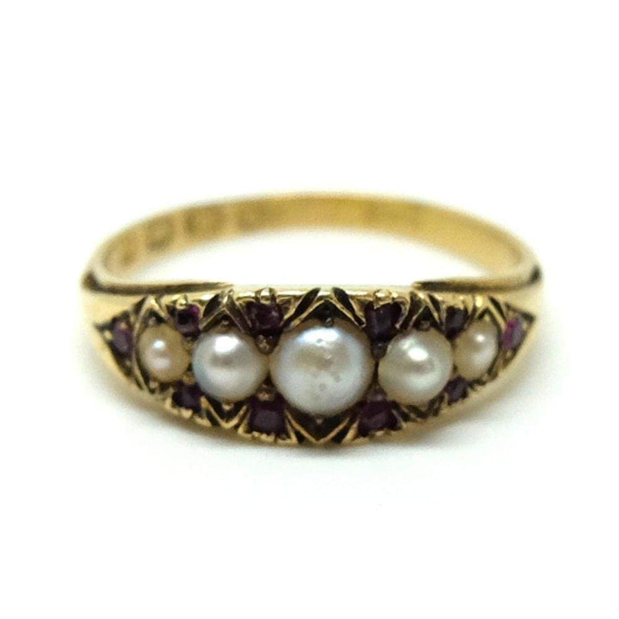 ART DECO Ring Art Deco Ruby & Pearl 18ct Gold Ring