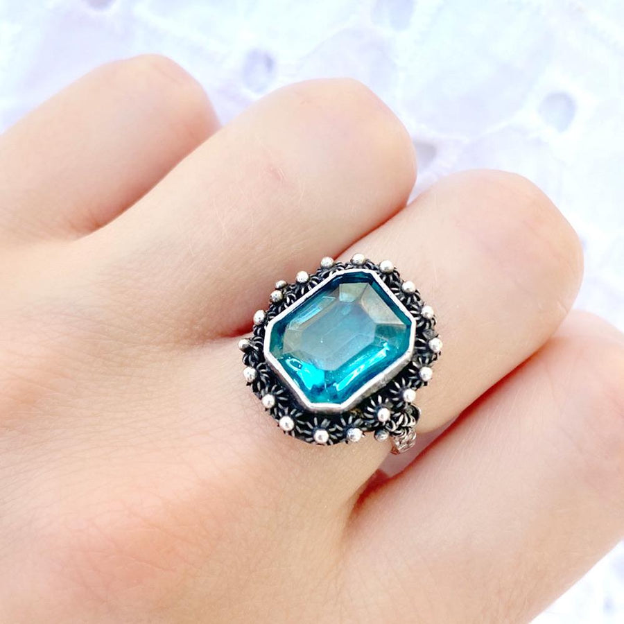 Vintage 1920s Art Deco Blue Glass Silver Ring