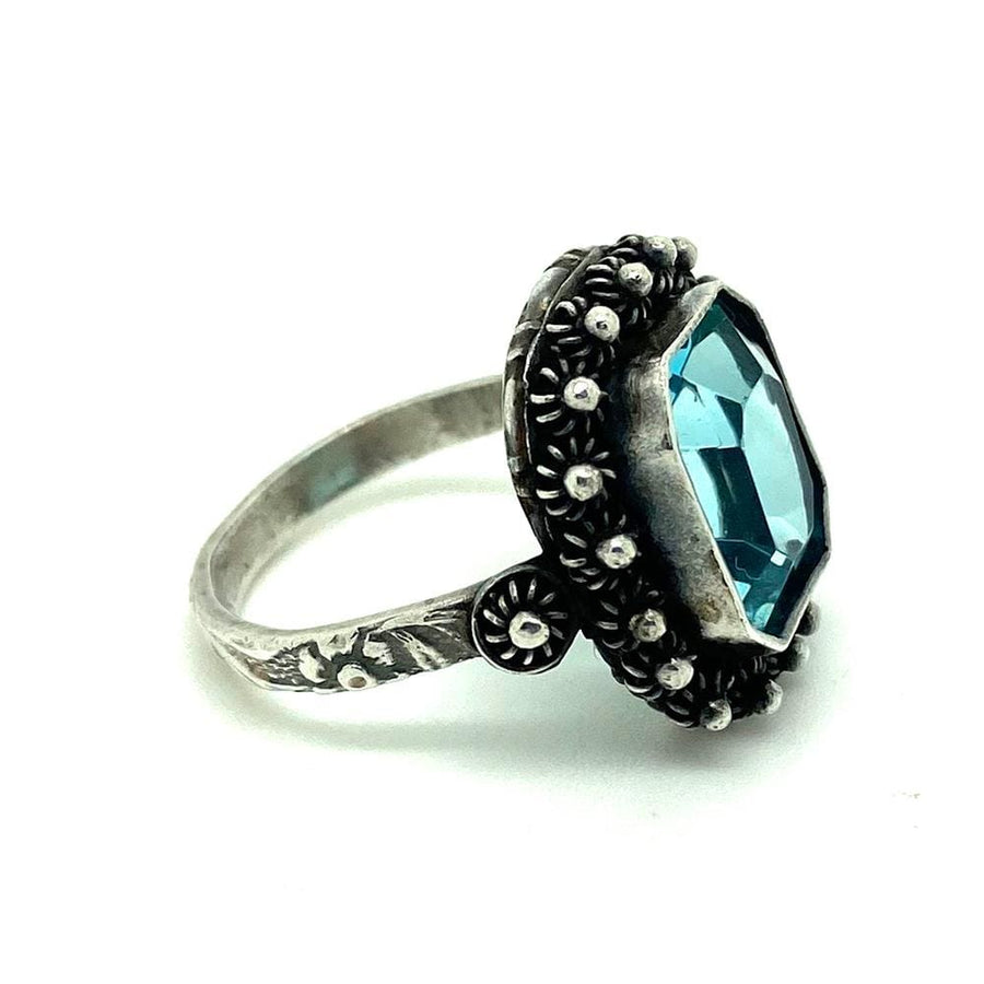 Vintage 1920s Art Deco Blue Glass Silver Ring