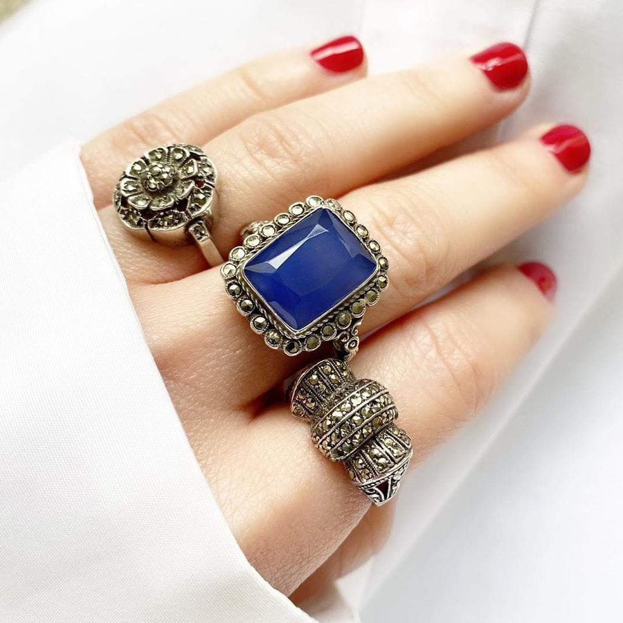 Vintage 1920s Blue Chalcedony Marcasite Silver Ring