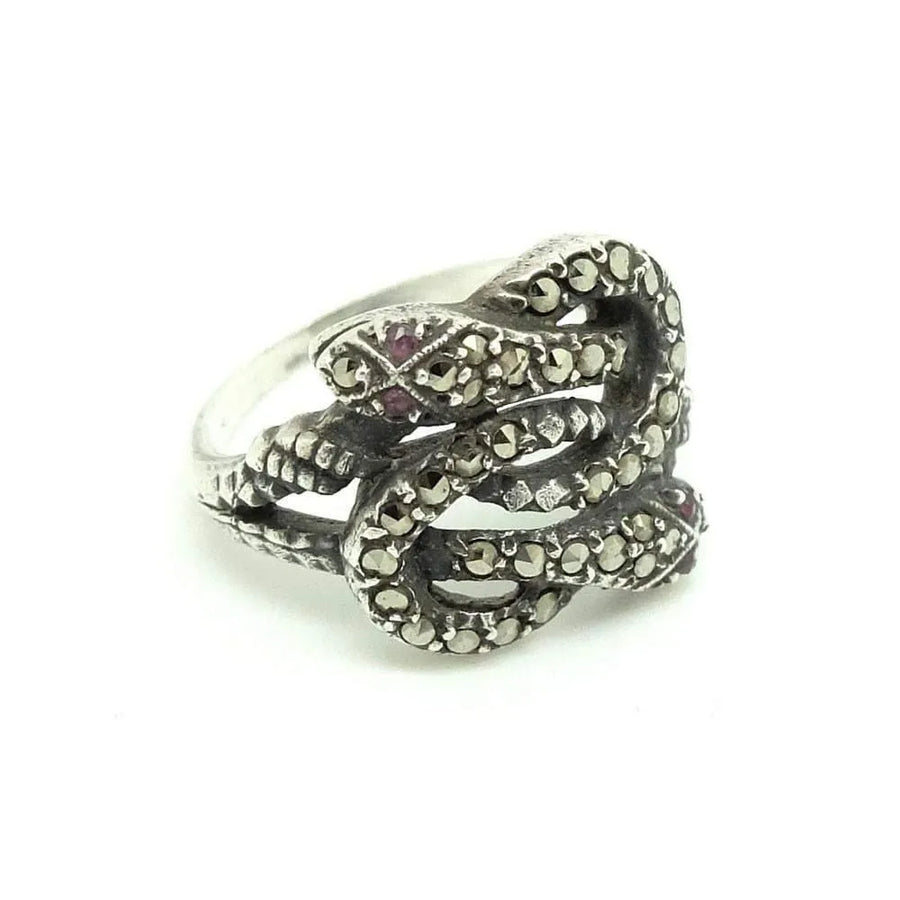Vintage Art Deco 1930s Marcasite Eternal Love Snake Silver Ring | P / 8 - Mayveda Jewelry