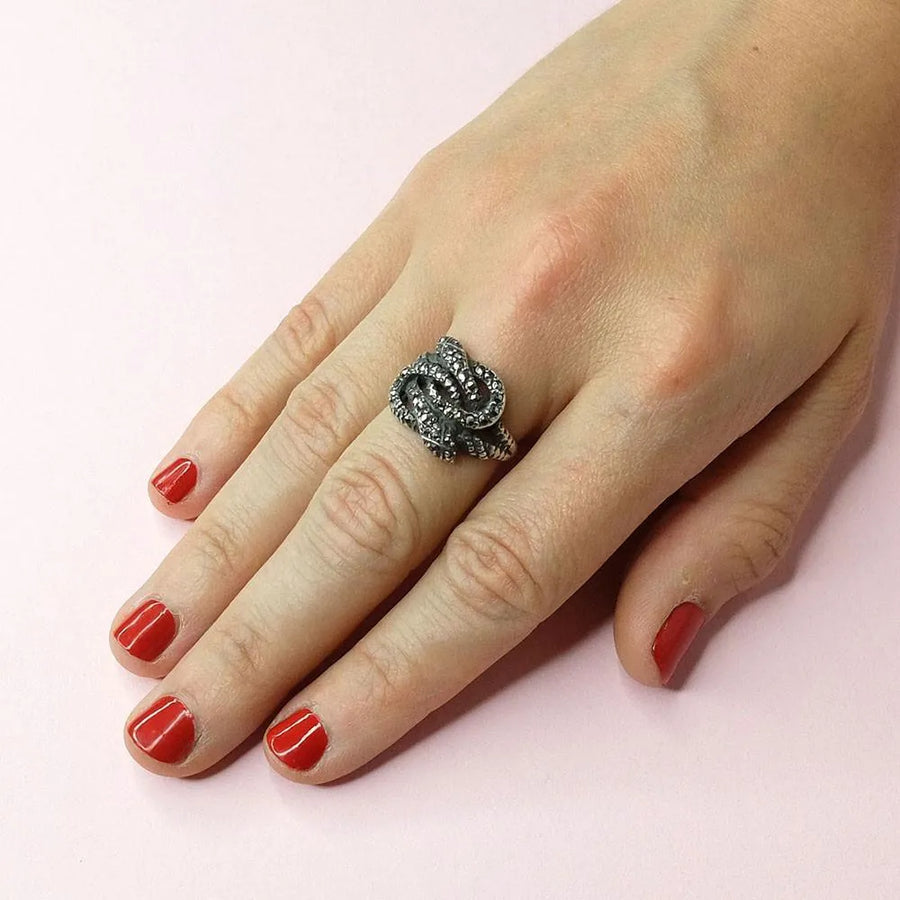 Vintage Art Deco 1930s Marcasite Eternal Love Snake Silver Ring | P / 8 - Mayveda Jewelry