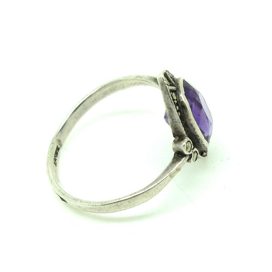 Vintage Art Deco Amethyst Marcasite Silver Gemstone Ring | L / 6
