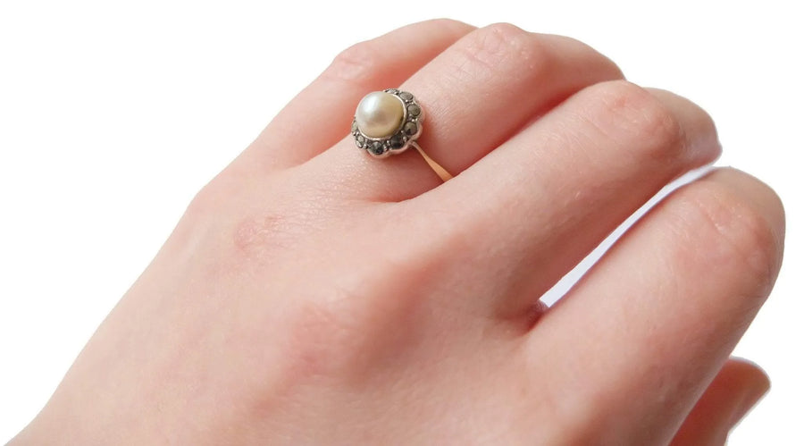 Vintage Art Deco Silver Pearl Gold Ring - Mayveda Jewelry