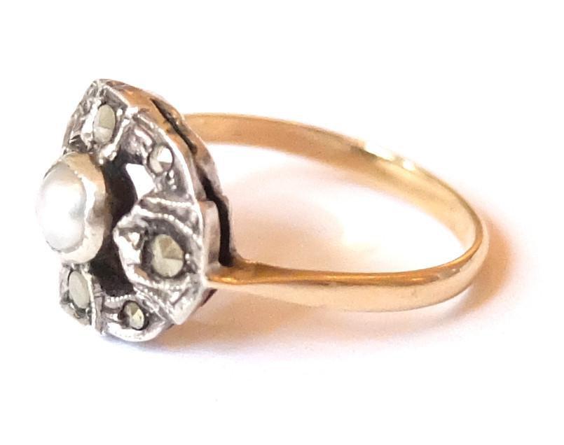 Vintage Art Deco Sterling Silver & 9ct Yellow Gold Pearl Ring (Size: L)
