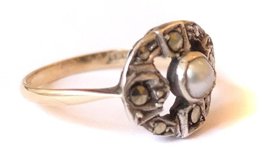 Vintage Art Deco Sterling Silver & 9ct Yellow Gold Pearl Ring (Size: L)