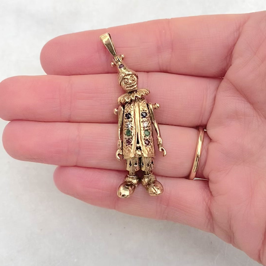 Vintage 1996 9ct Gold Large Articulated Clown Charm Necklace