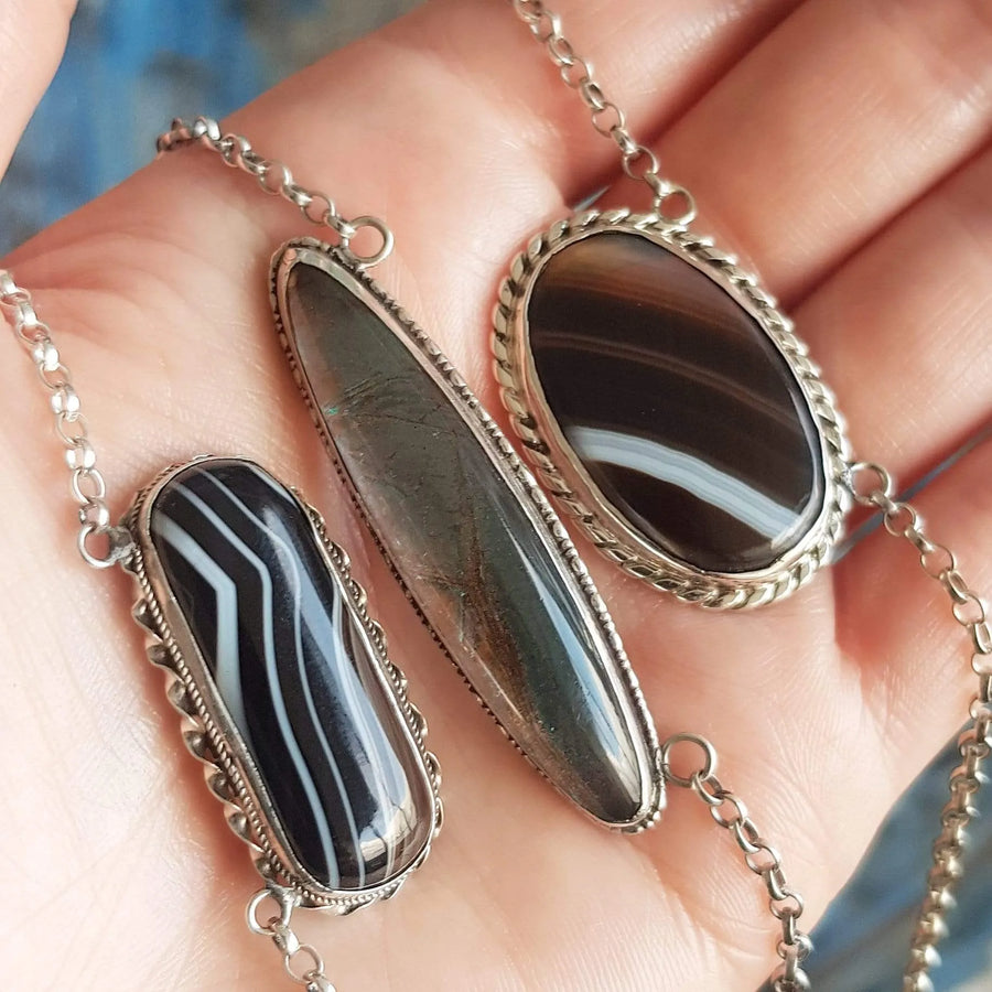 Antique Victorian Banded Agate Silver Necklace - Mayveda Jewelry