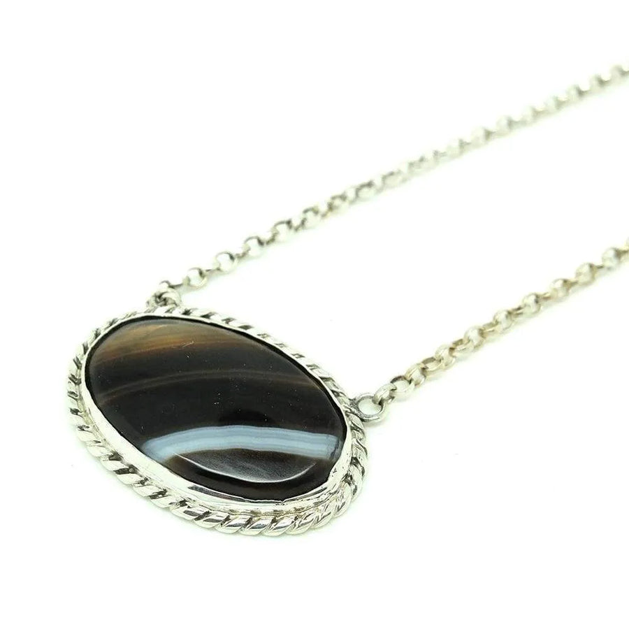 Antique Victorian Banded Agate Silver Necklace - Mayveda Jewelry