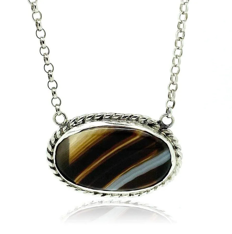 Antique Victorian Banded Agate Silver Necklace - Mayveda Jewelry