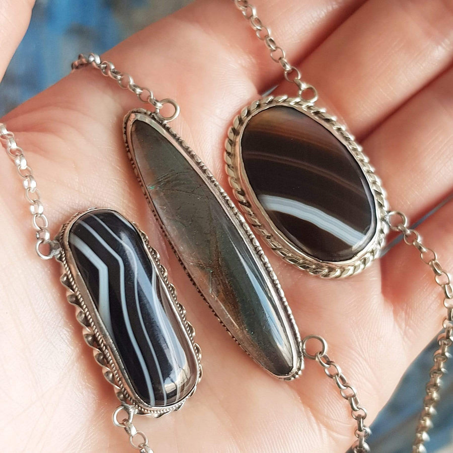 BY MAYVEDA Necklace Antique Victorian Scottish Banded Agate Silver Necklace