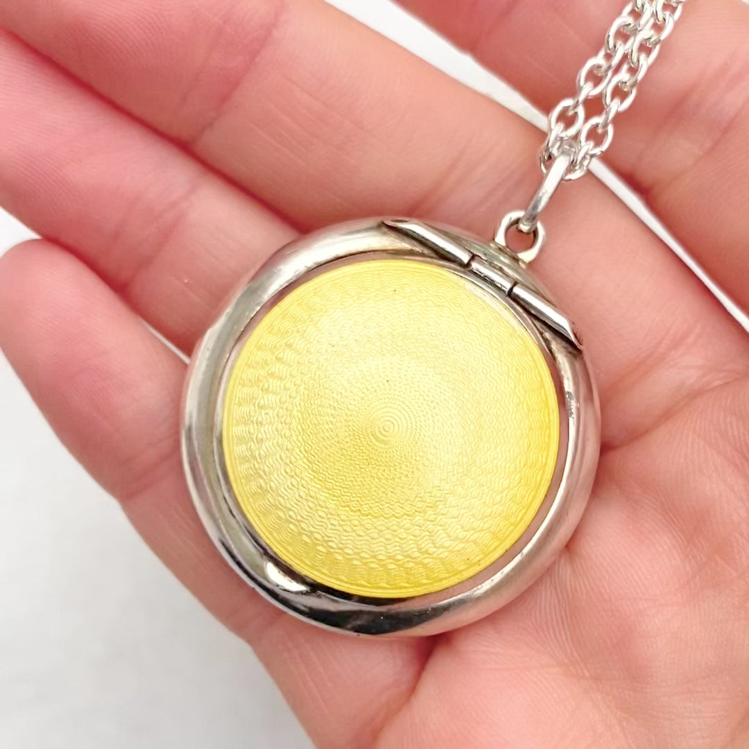 Vintage 1922 Yellow Enamel Sterling Silver Compact Locket Necklace, video