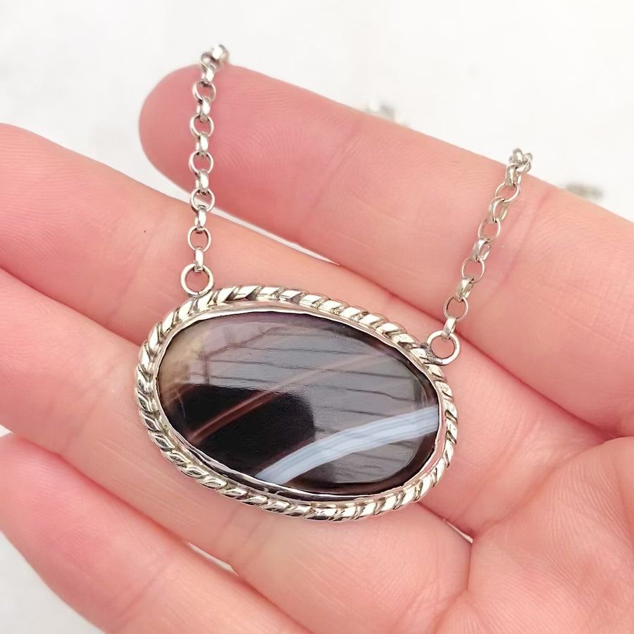 Antique Victorian Banded Agate Silver Necklace