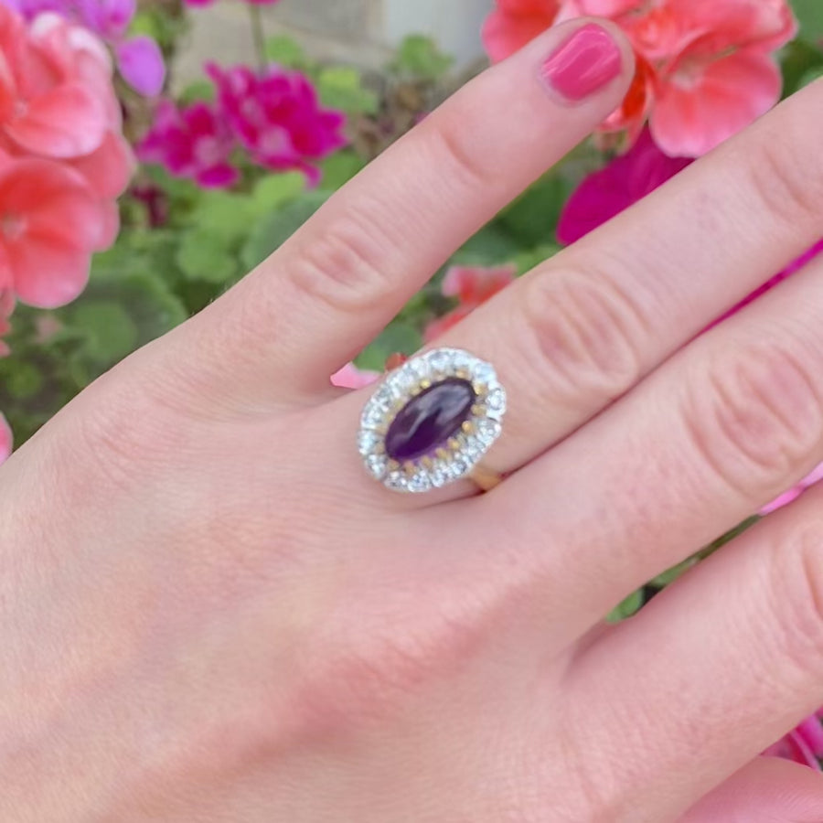 Reserved - Vintage 1971 Amethyst Diamond 18ct Gold Ring