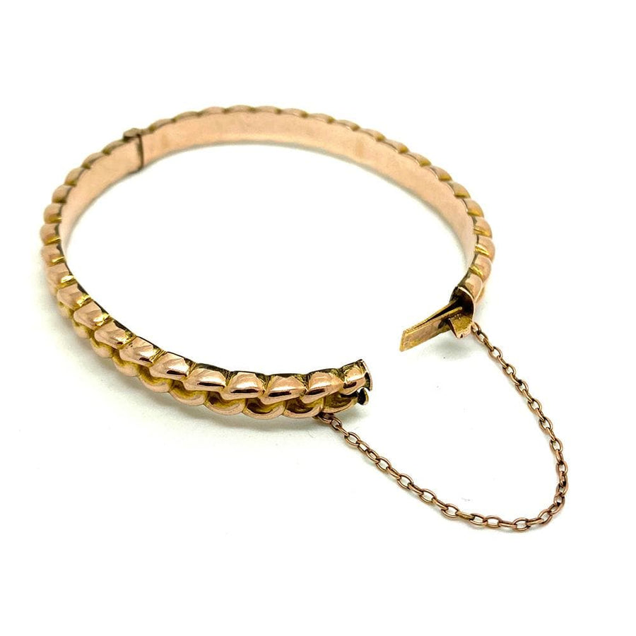 Bracelet jonc édouardien antique 1904 en or rose 9 carats avec chaîne tissée