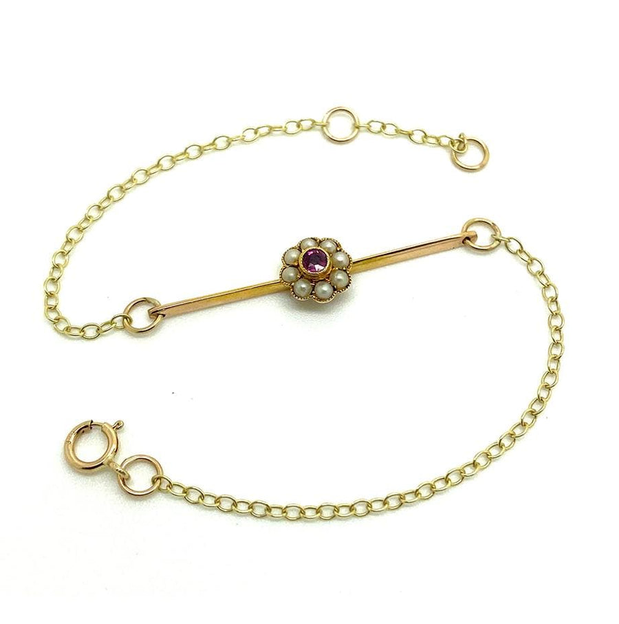 Bracelet fleur en or 9 carats avec perle édouardienne antique et rubis