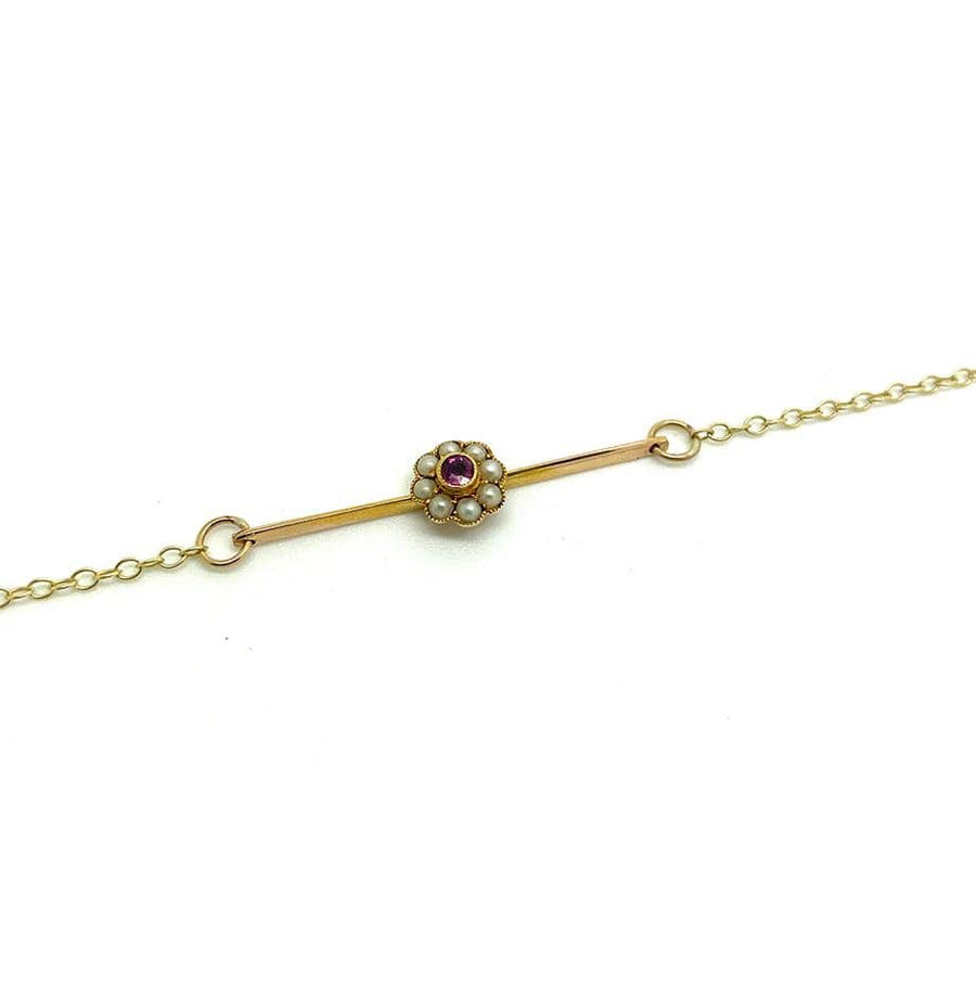 Bracelet fleur en or 9 carats avec perle édouardienne antique et rubis