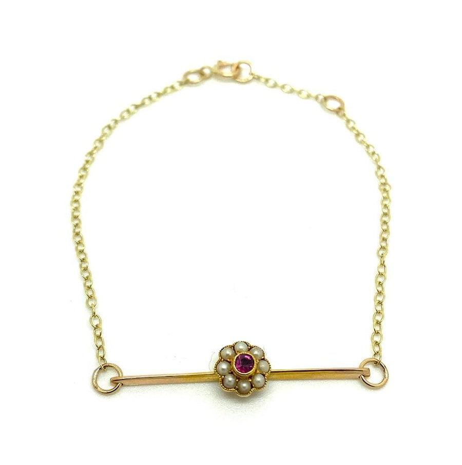 Antique Edwardian Pearl & Ruby 9ct Gold Flower Bracelet