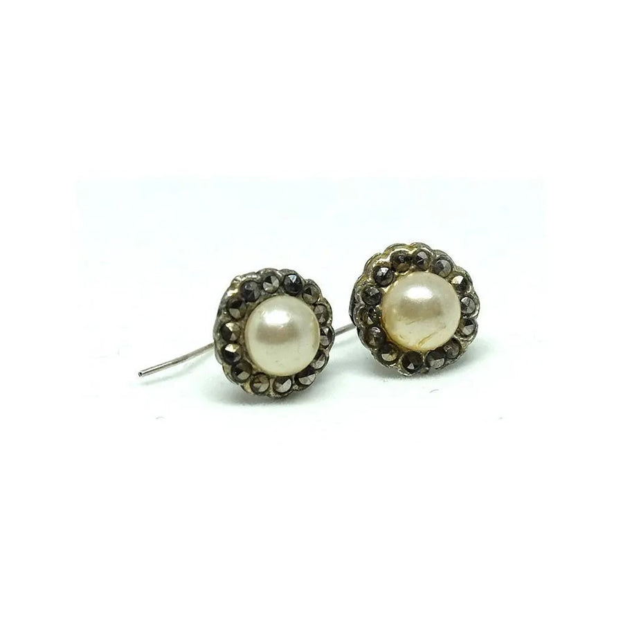 Antique Edwardian Marcasite & Faux Pearl Silver Earrings - Mayveda Jewelry