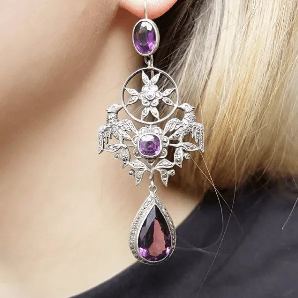 Antique French Edwardian Silver Amethyst Marcasite Drop Gemstone Earrings - Mayveda Jewelry
