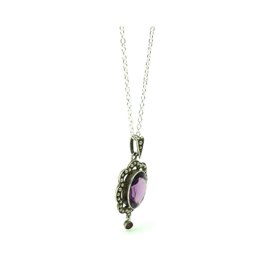 Antique Edwardian 1910 Amethyst Glass Sterling Silver Necklace