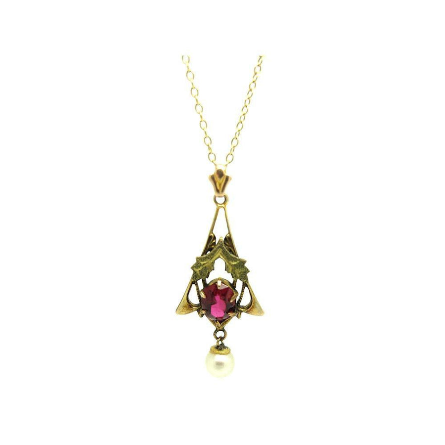 Antique Edwardian 1910 Red Glass & Pearl 9ct Gold Pendant