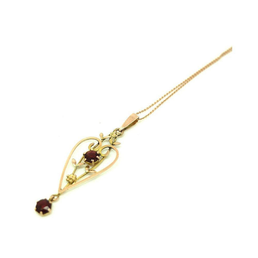 Antique Edwardian 9ct Rose Gold Heart Garnet Lavalier Necklace