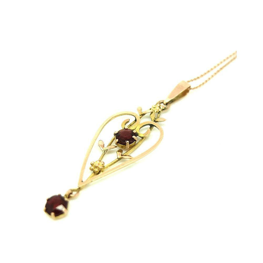 Antique Edwardian 9ct Rose Gold Heart Garnet Lavalier Necklace