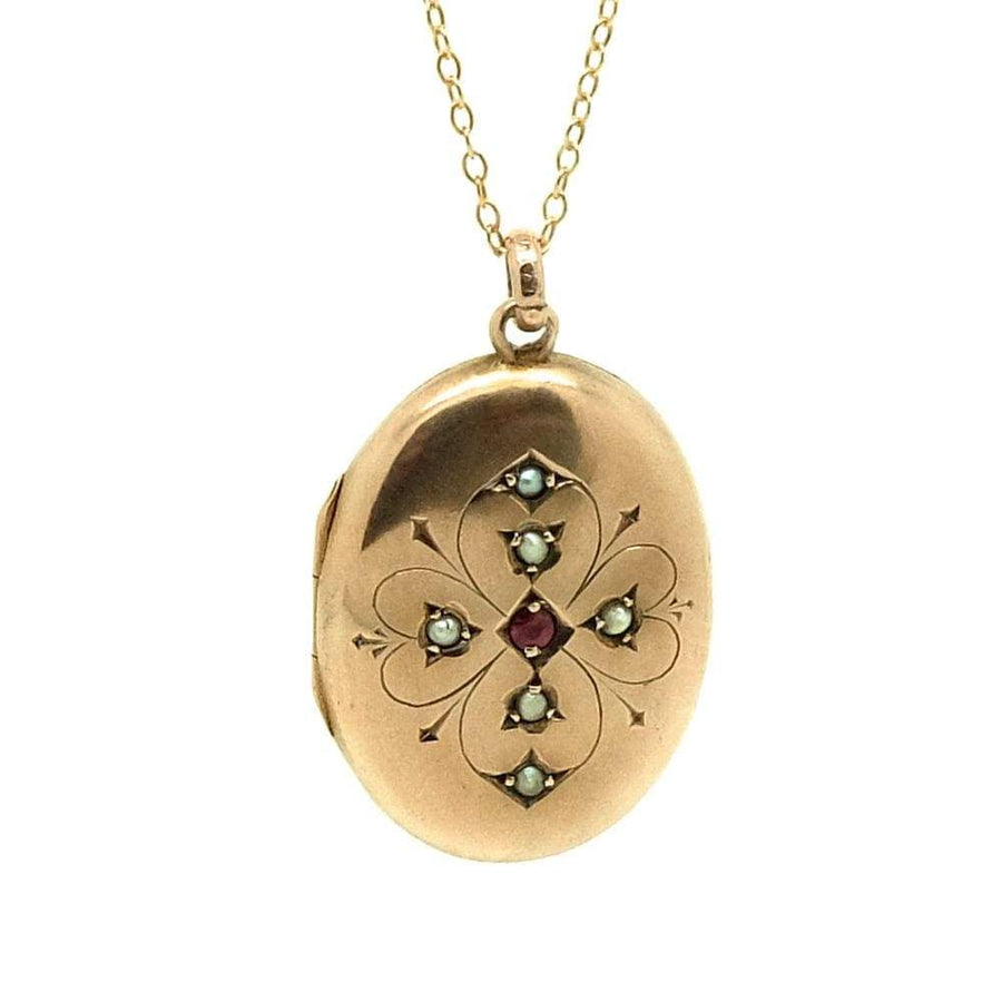 EDWARDIAN Necklace Antique Edwardian 9ct Rose Gold Ruby Pearl Locket Necklace