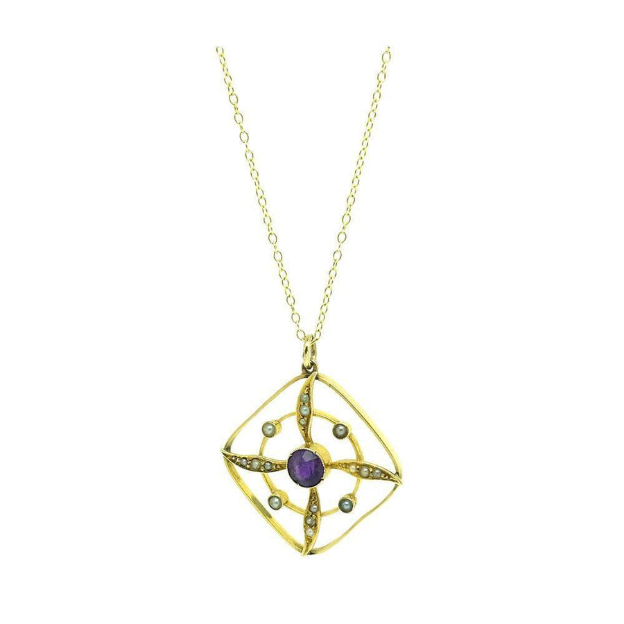 Antique Edwardian Amethyst & Pearl 9ct Gold Pendant Necklace